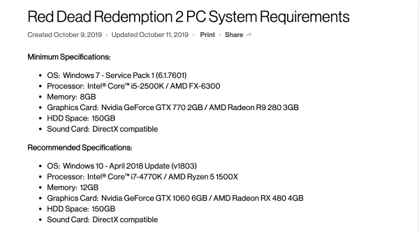 Red Dead Redemption 2 PC requirements ask for 150GB of storage