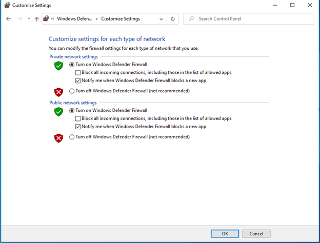 Turn Windows Defender Firewall On or Off